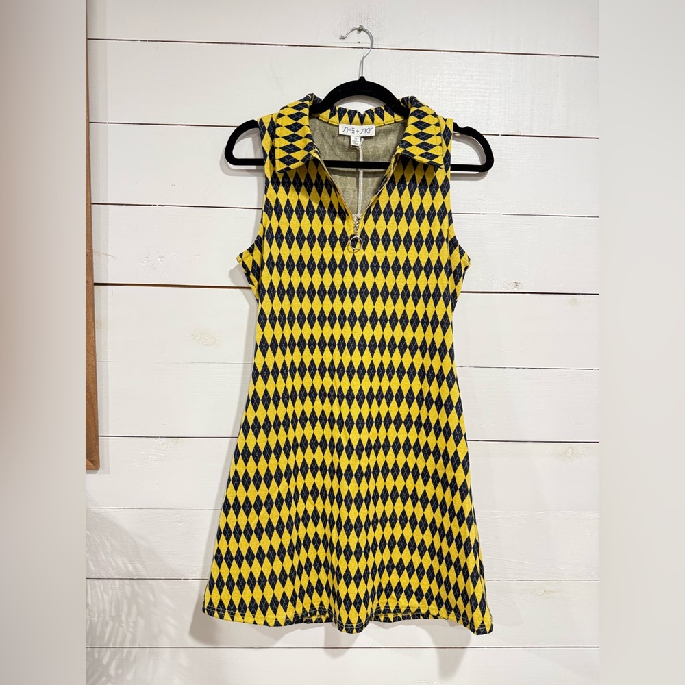 She + Sky Yellow and Black Argyle Mini Dress